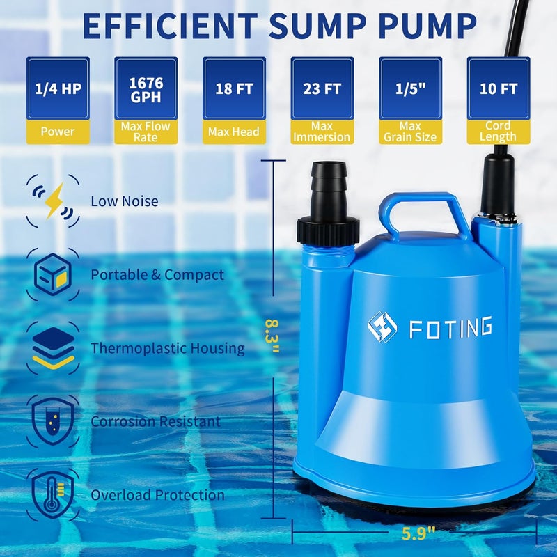 FOTING Sump Pump, High Flow Clean&Dirty Submersible Water Pump, Thermoplastic Electric Portable Utility Pump for Pool Draining Hot Tub Garden Basement, 1/4HP 1676GPH - Image 2